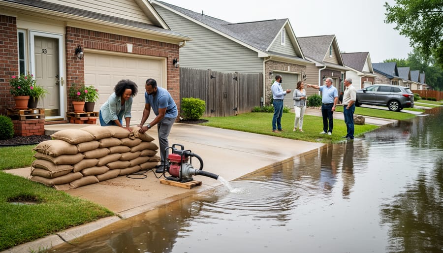 Two neighbors discussing flood protection measures installed on residential property