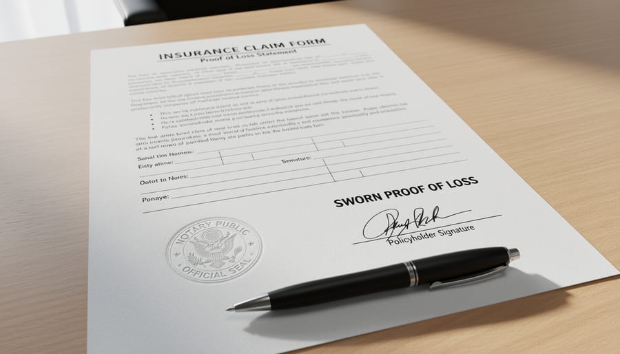 Close-up of hands holding official notarized insurance document with embossed seal