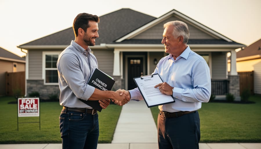 Business handshake over desk with house keys and tablet representing owner financing agreement