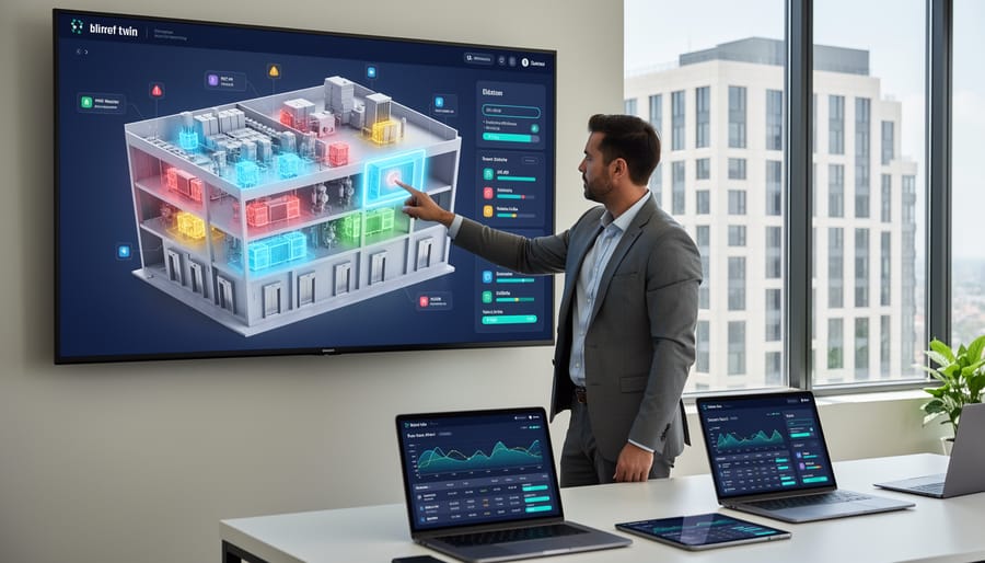 Maintenance technician monitoring HVAC system with digital monitoring technology