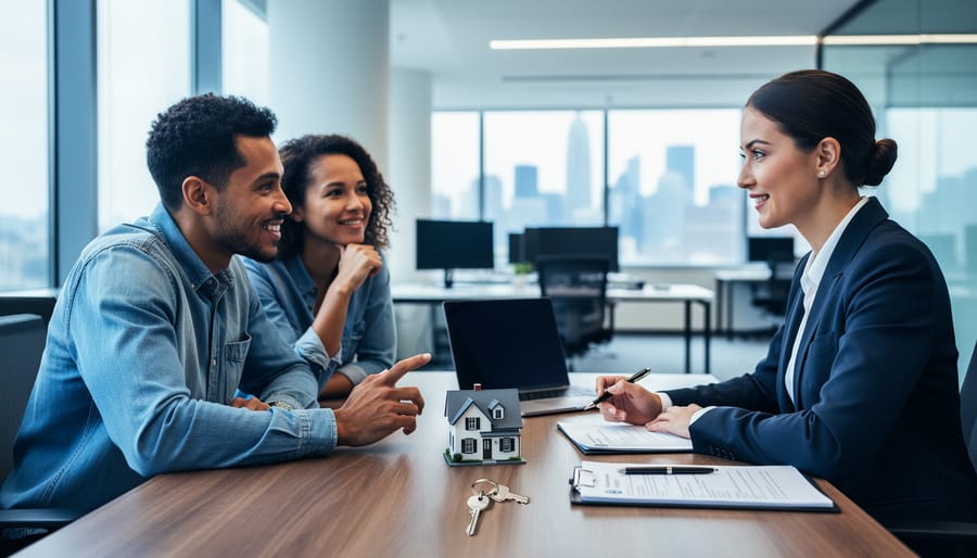 Mortgage loan officer consulting with a couple at a modern desk, with a small house model and house keys in focus under soft natural light, while a blurred office and city skyline appear in the background.