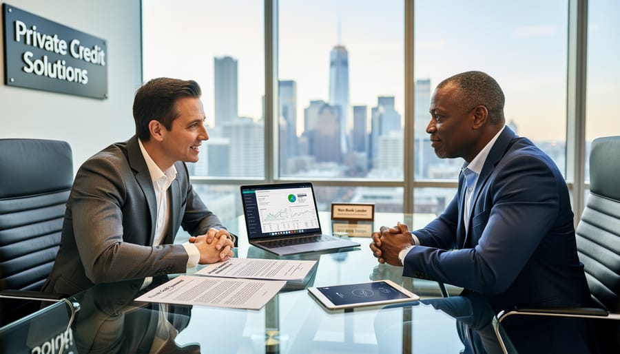 Business professionals shaking hands over contract documents in modern office setting