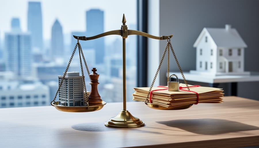 Brass balance scale on a modern desk; one side holds a miniature office building and chess rook symbolizing private equity, the other side stacked unlabeled folders tied with red string and a small padlock symbolizing private credit, with a blurred city skyline and house model behind.