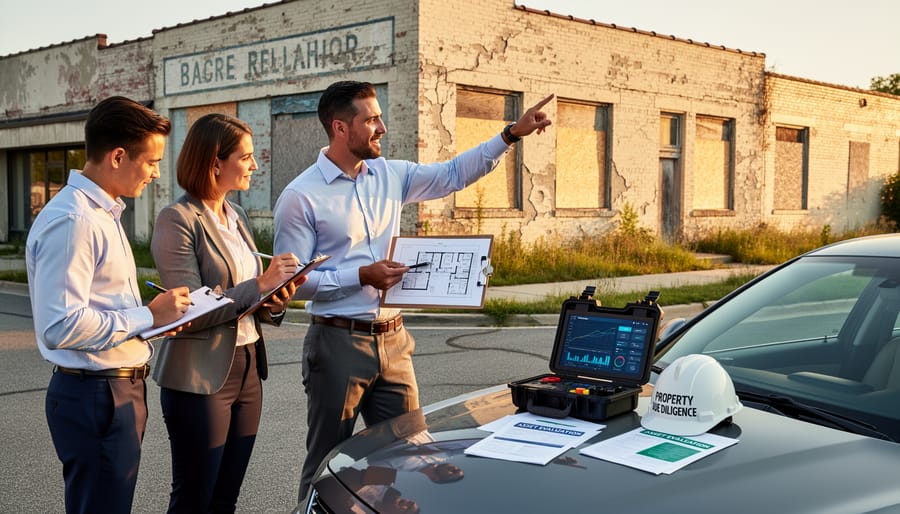Real estate professionals reviewing property documents and blueprints at conference table