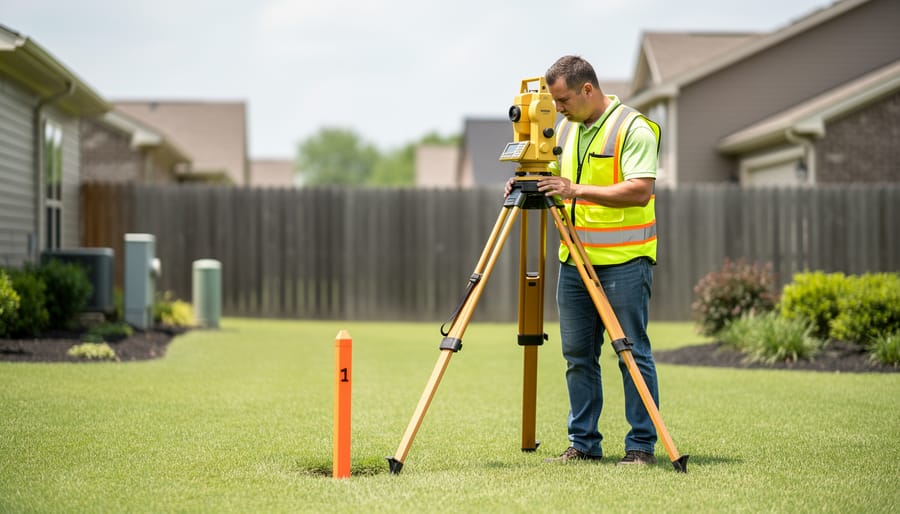 Licensed land surveyor using a yellow total station beside an orange-capped boundary marker in a suburban yard, with a wooden fence and neighboring houses softly blurred in the background.