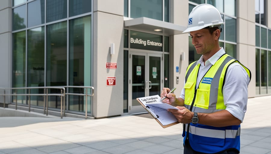 Property owner meeting with building inspector to review code compliance documentation