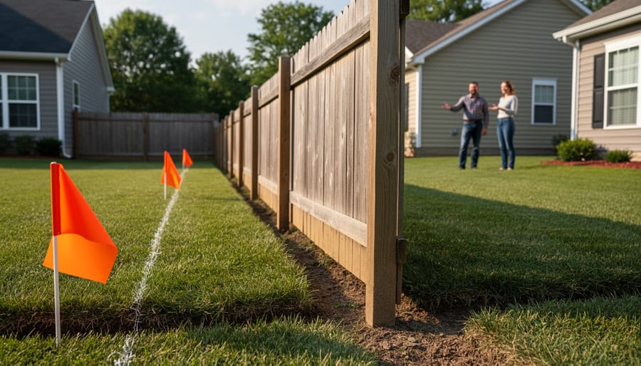 Wooden fence separating two residential properties along property line