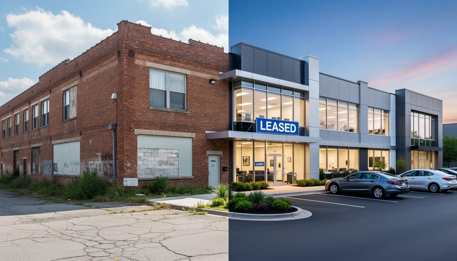 Construction workers renovating commercial building interior with scaffolding and equipment