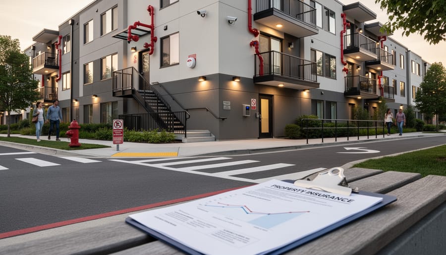 Property manager inspecting fire safety equipment in apartment building hallway