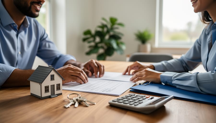 Diverse couple seated with a mortgage advisor at a dining table, reviewing paperwork next to a small house model, keys, and a calculator, with soft daylight and a blurred home interior in the background.