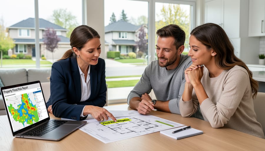 Real estate agent meeting with homebuyers reviewing property documents at table