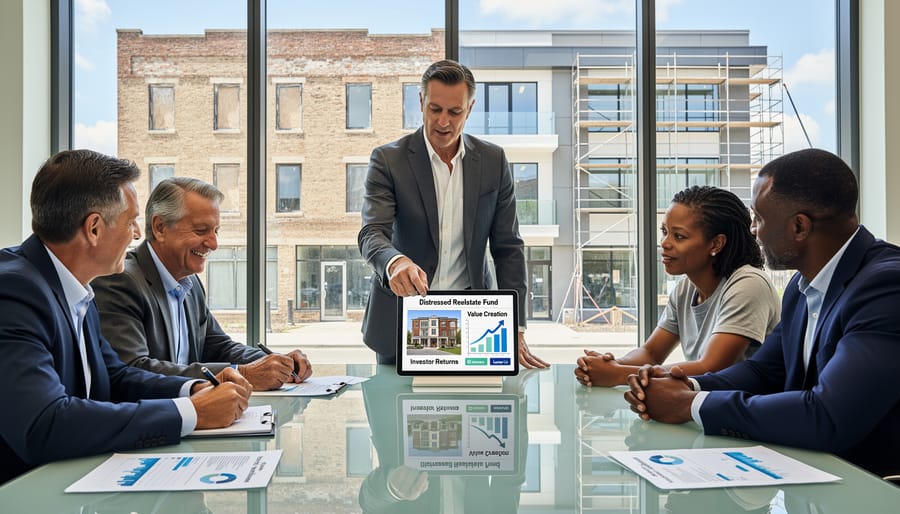 Business professionals shaking hands over financial documents in modern office setting