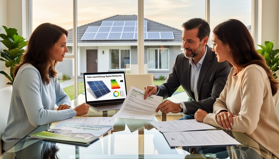 Real estate agent reviewing solar panel property details on tablet