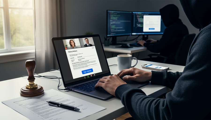 Hands signing real estate documents with smartphone video call during remote closing