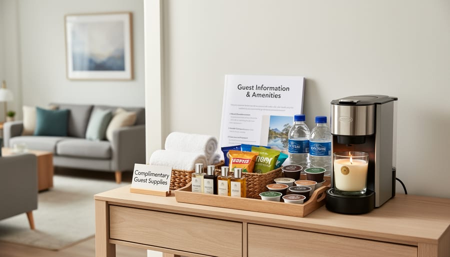 Array of guest amenities and supplies for short-term rental including towels and toiletries