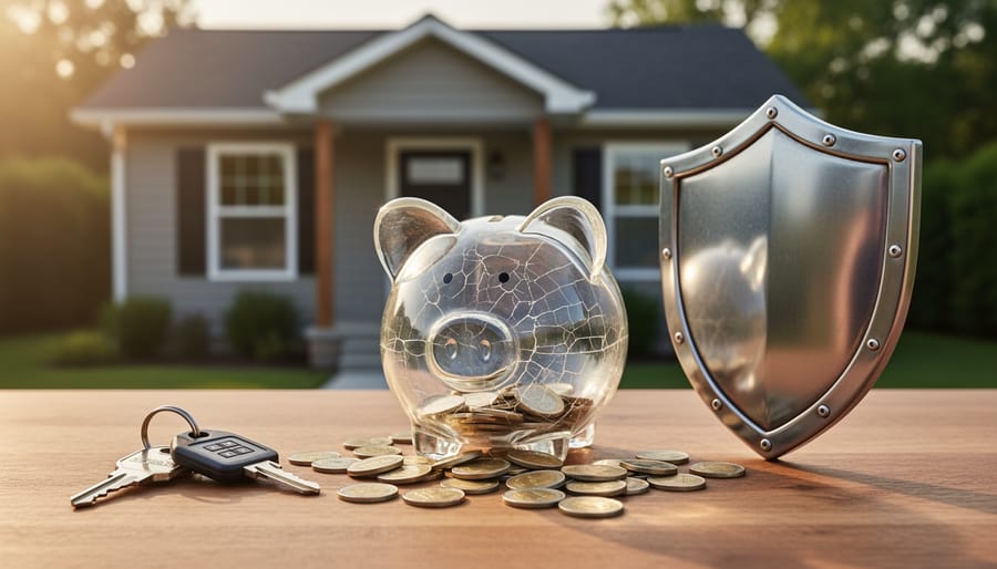 Cracked glass piggy bank spilling coins beside a polished metal shield and house keys on a wooden table, with a suburban rental house blurred in the background at golden hour.