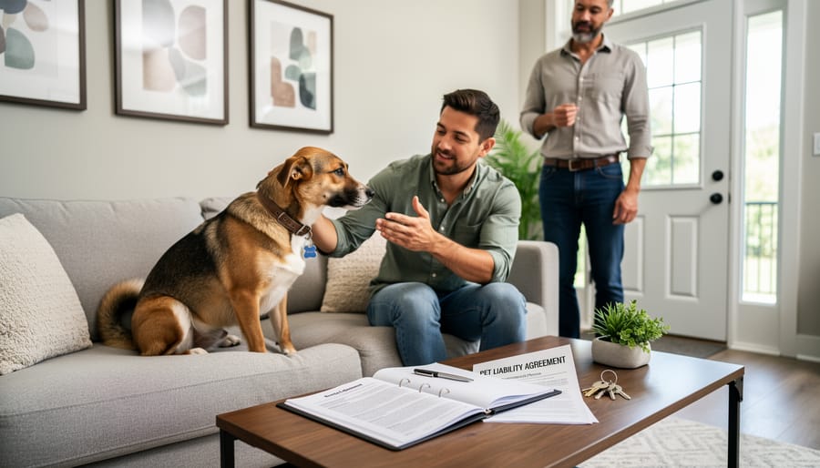 Golden retriever with owner and visitor on apartment balcony showing typical renter pet scenario