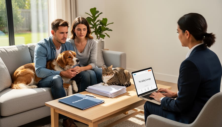 Renter researching pet insurance options on laptop with dog resting nearby in apartment
