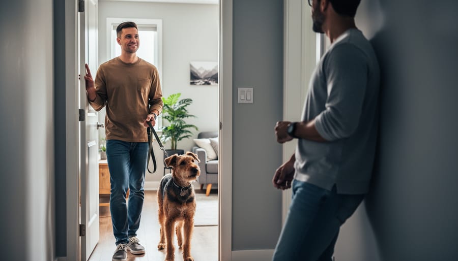 Renter holding a leashed medium-size dog at an apartment doorway while a neighbor stands outside, with soft natural light and a blurred interior background.