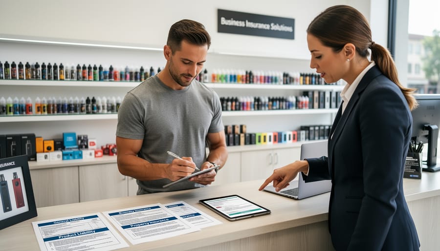 Business owner reviewing insurance policy documents at retail shop counter