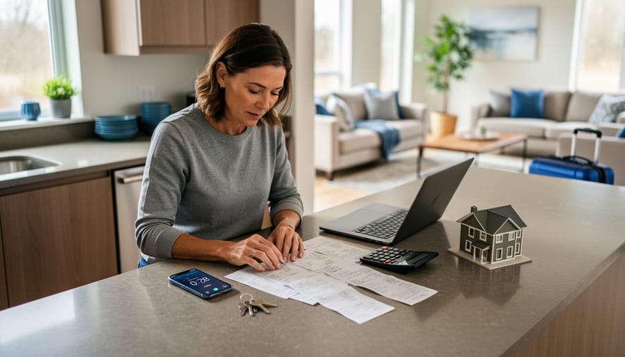 Short-term rental owner sorting receipts beside a laptop, calculator, phone timer, and house keys at a kitchen island in a modern vacation home, with soft daylight and a blurred living room and suitcase in the background.
