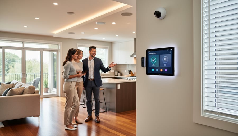 Modern living room equipped with smart home technology and automated systems