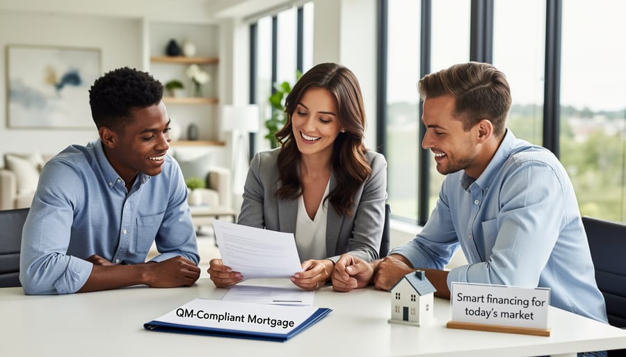 Real estate agent shaking hands with couple after successful home purchase