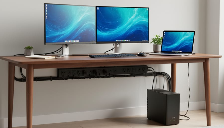 Surge protector with organized cables and electronics plugged in for home office protection