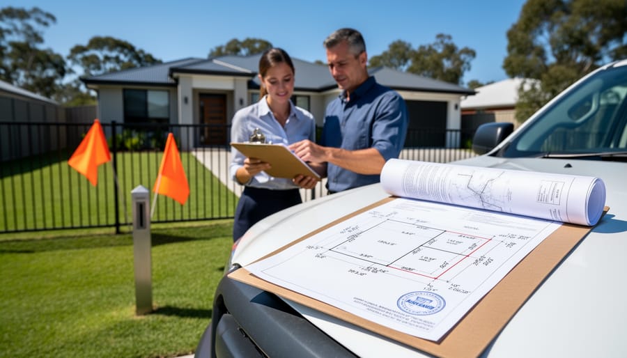 Property survey documents and measuring tools on desk for boundary verification