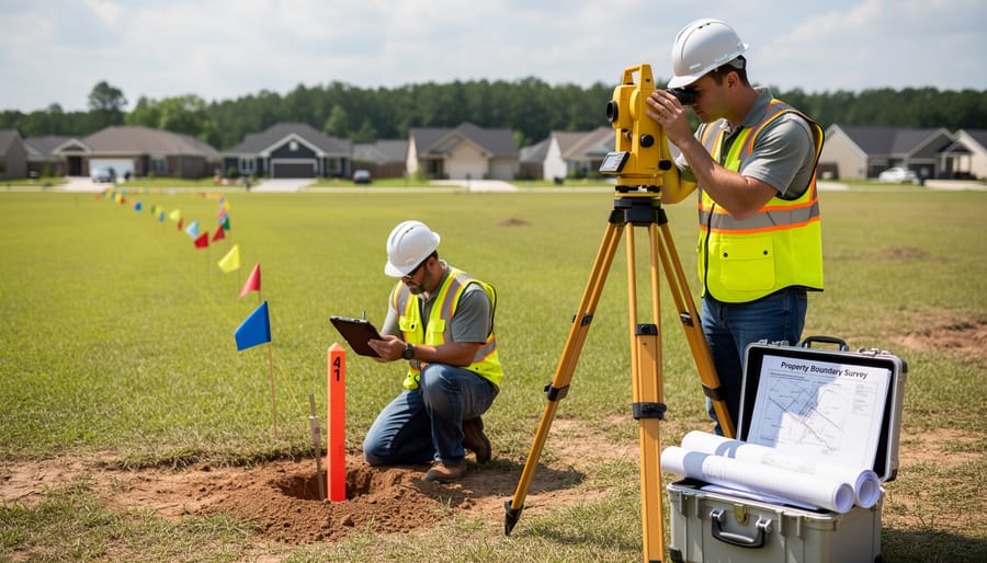 Licensed surveyor examining property boundary marker in residential yard