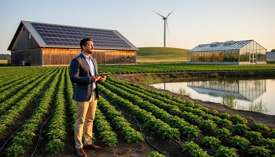 Business-casual investor holding a tablet surveys drip-irrigated crop rows beside a barn with rooftop solar panels, with a small irrigation pond, a wind turbine, and a modern greenhouse visible in the background at golden hour.