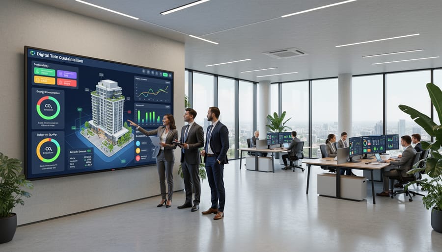 Aerial view of sustainable commercial development with solar panels and green infrastructure