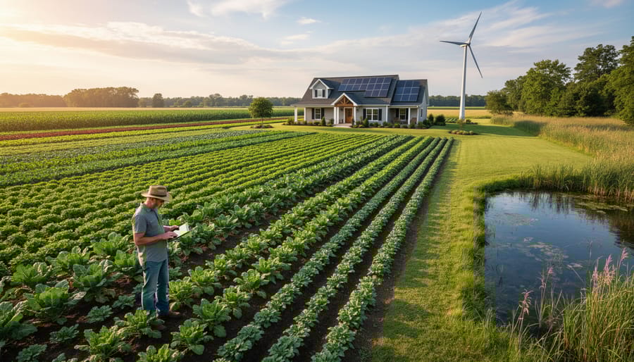 Aerial view of organized sustainable farmland with crop rows and agricultural buildings
