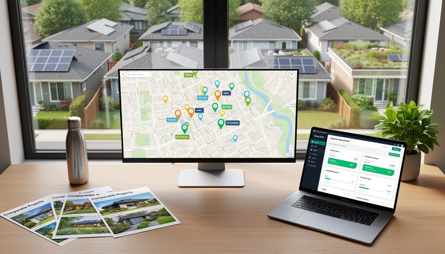 Aerial view of residential neighborhood showing multiple homes with solar panel installations