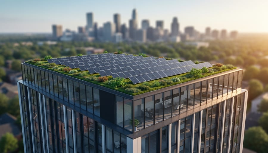 Modern mid-rise building with rooftop solar panels and a planted green roof in warm evening light, high-efficiency glass facades, with a softly blurred city skyline and trees in the background.