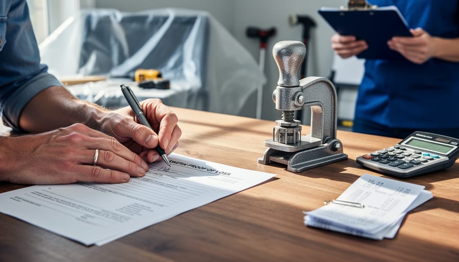Homeowner’s hands sign a sworn proof of loss form on a wooden table with a notary embosser, calculator, and receipts; soft side daylight; blurred background shows plastic-covered home repairs and an adjuster’s clipboard.