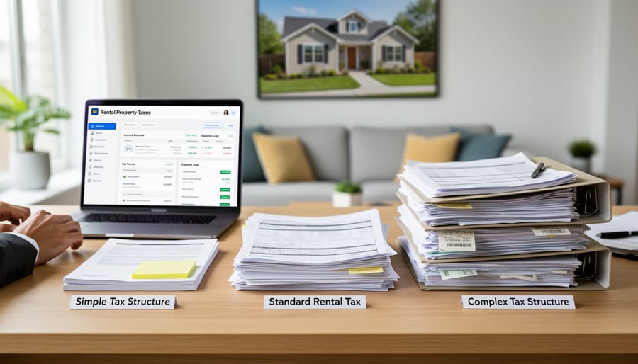 Three organized stacks of business documents representing different tax structure options