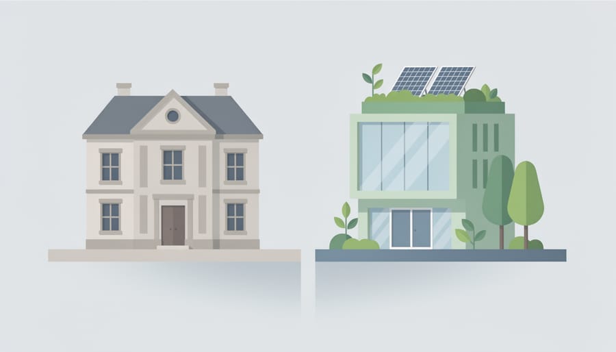 Building facade showing contrast between traditional construction and modern sustainable features including solar panels and green walls