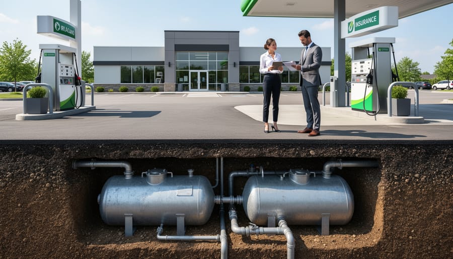 Property inspector examining underground storage tank during environmental assessment