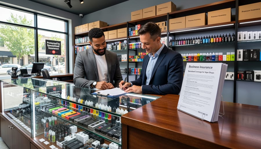Modern vape shop interior with display cases showing vaping products and retail equipment
