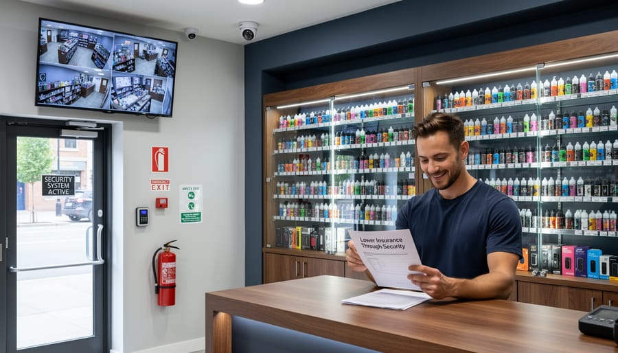 Security camera and alarm system protecting vape shop retail space