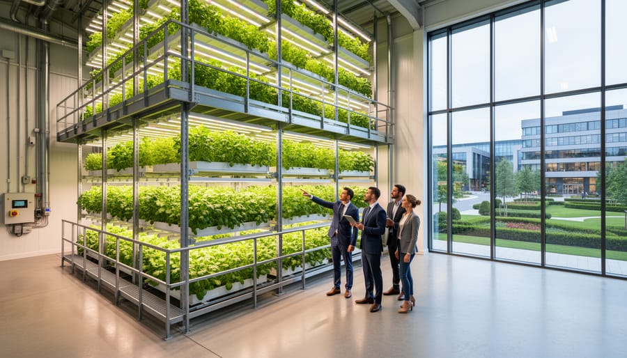 Interior of modern vertical farming facility with LED-lit hydroponic crops on multiple levels