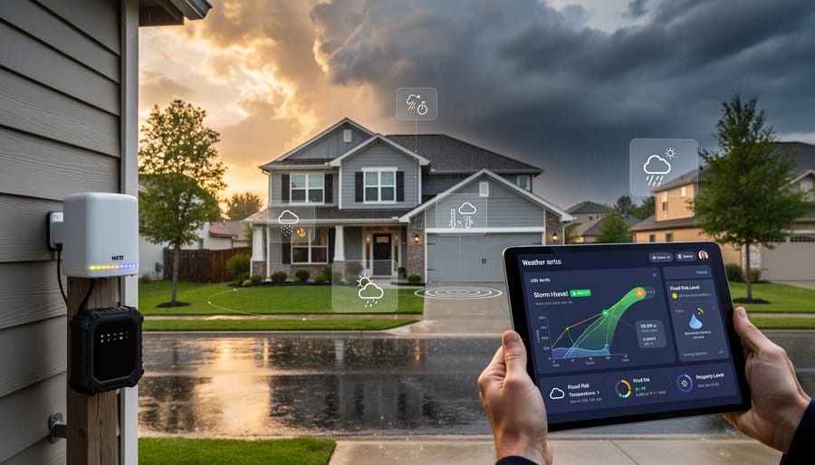 Residential property facing severe weather conditions with storm clouds overhead