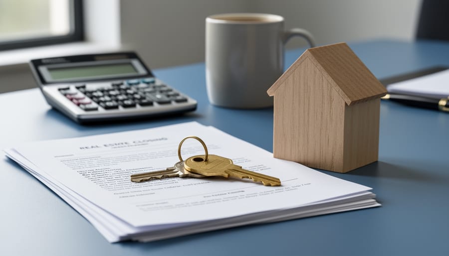 Brass house key on stacked mortgage documents beside a small wooden house model on a desk, softly lit with a blurred office background and no readable text.