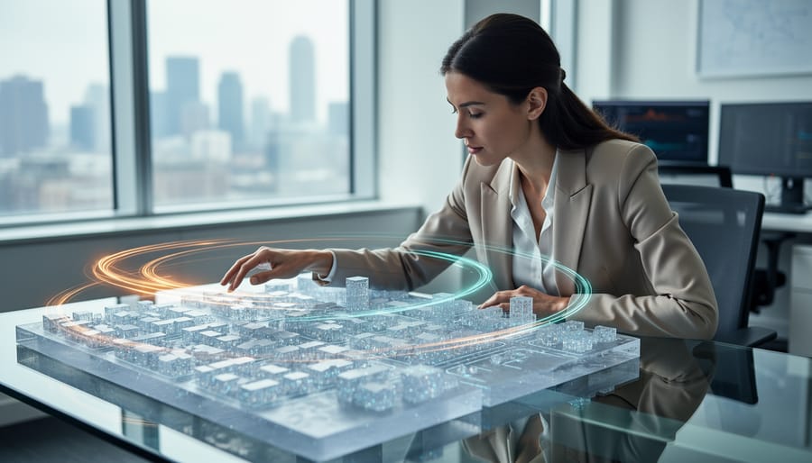 Insurance analyst examining a translucent 3D neighborhood model with subtle light trails in soft daylight, blurred office skyline behind, representing AI-powered consolidation of property and risk data for smarter coverage.