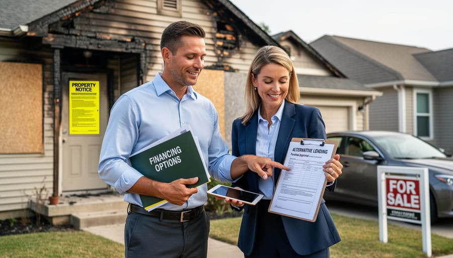 Business professional reviewing financial documents with calculator and house keys on desk