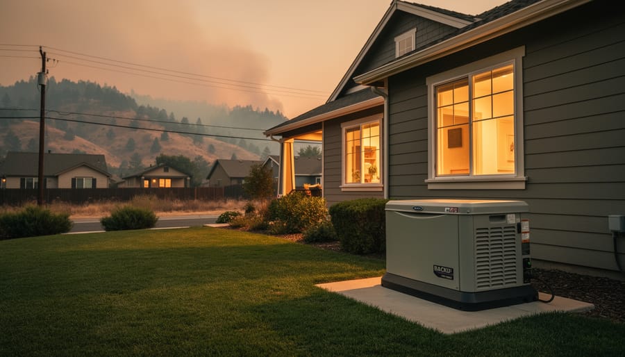 Portable backup generator with fuel can positioned on home patio during power outage