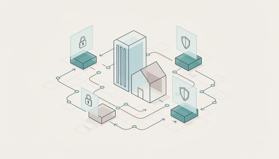 Transparent glass blocks forming house structure with illuminated network pattern representing blockchain technology