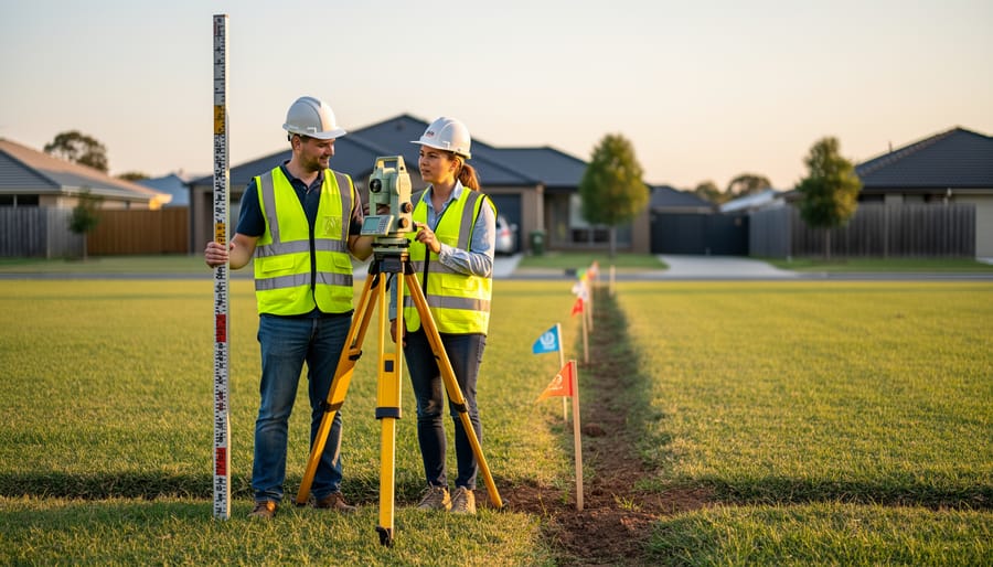 Professional surveyor using theodolite equipment to measure property boundaries in residential yard