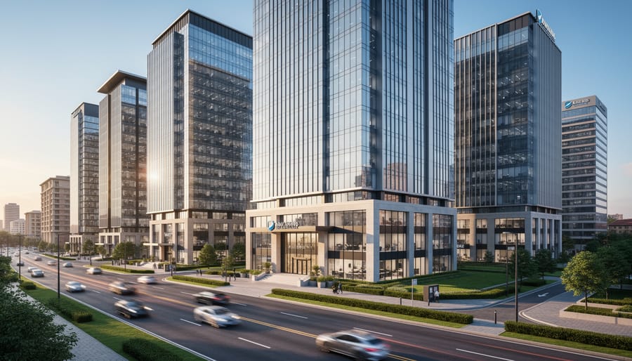 Contemporary glass office building facade in Bryanston business district